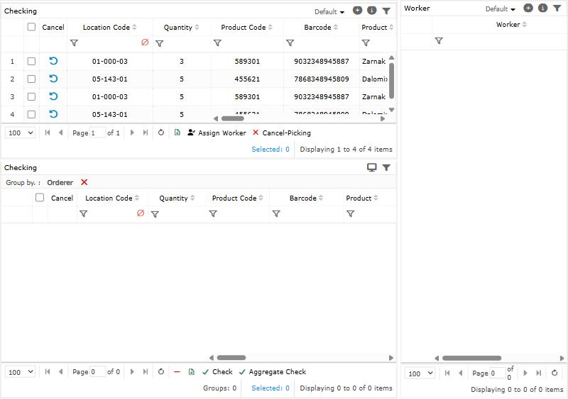 Checking: tasks without a checker at the top, assigned tasks below, checkers on the right. Assign Worker is under the top grid.