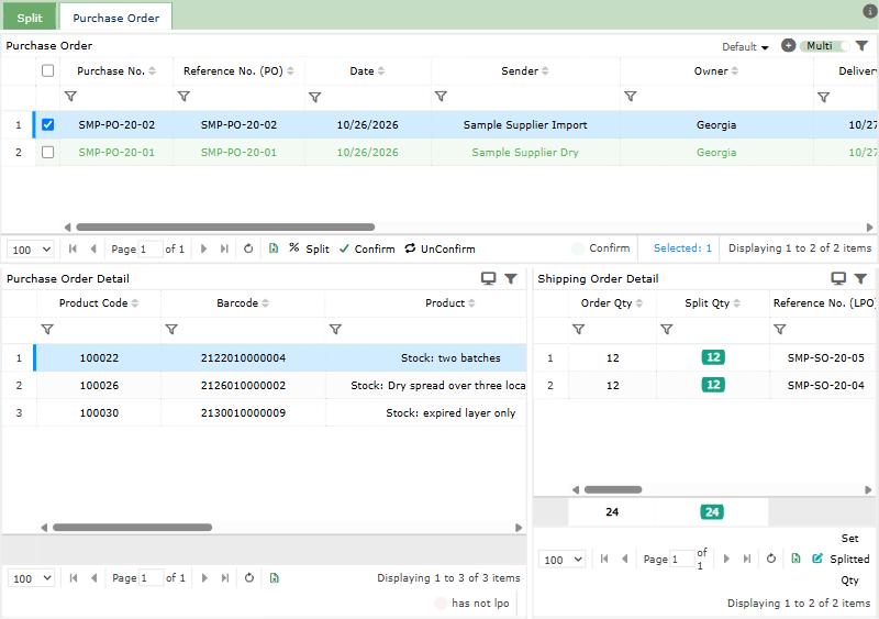 Split: the received PO at the top with Split, Confirm and UnConfirm; its lines below left; each store's Order Qty and Split Qty below right.