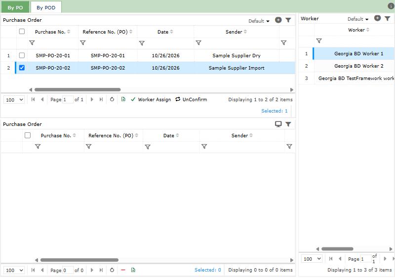 Picking Worker Assign(BD), tab By PO: confirmed POs at the top with Worker Assign and UnConfirm, POs already given to a worker below, workers on the right.
