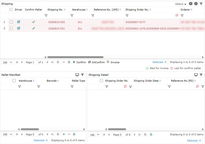 Dispatch: Confirm, UnConfirm and Invoice are under the dispatches. Names are blurred.