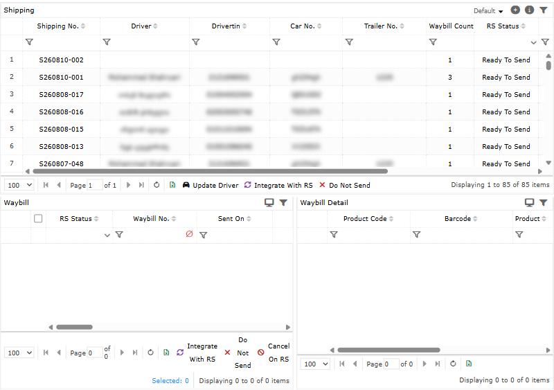 Waybill by shipping: RS Status per dispatch; Integrate with RS, Do Not Send and Cancel On RS are under the waybills. Names are blurred.