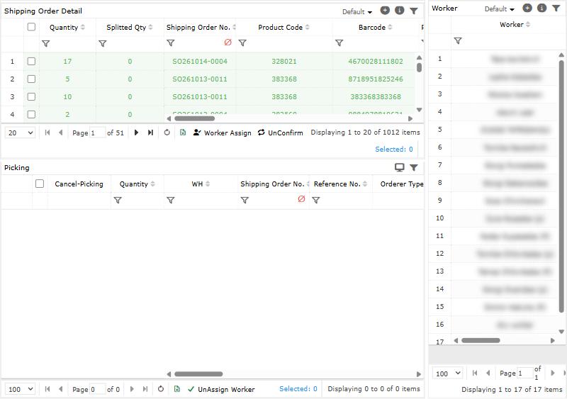 Picking Worker Assign: order lines on the left, workers on the right. Names are blurred.