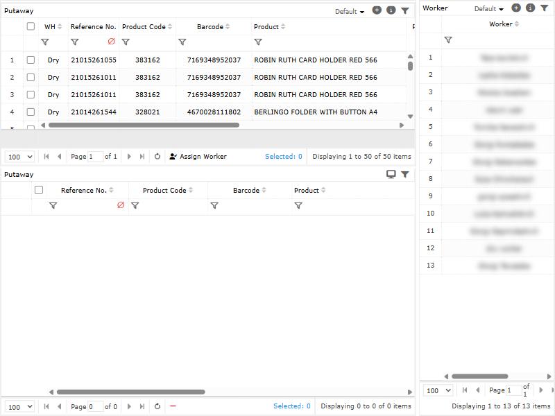 Putaway Worker Assign: open tasks above, workers on the right. Names are blurred.