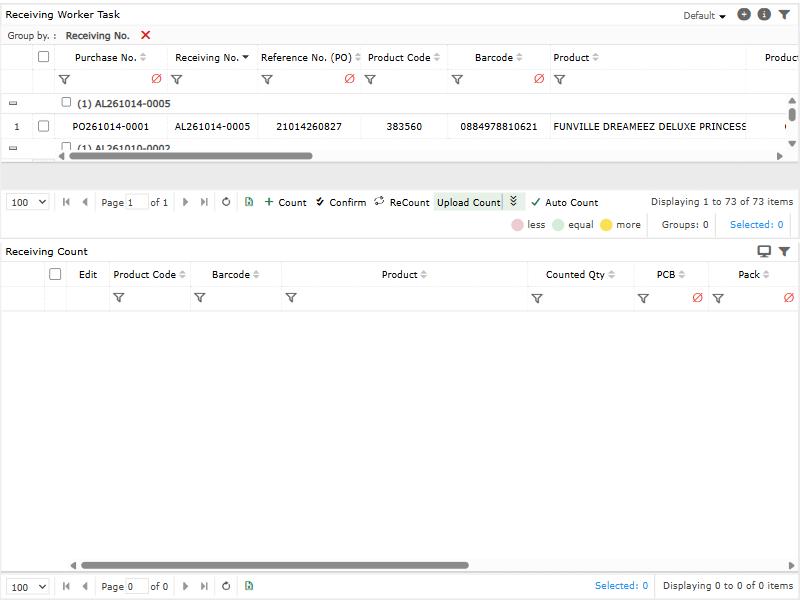Receiving Count: Count, Confirm, ReCount, Upload Count and Auto Count. Names are blurred.